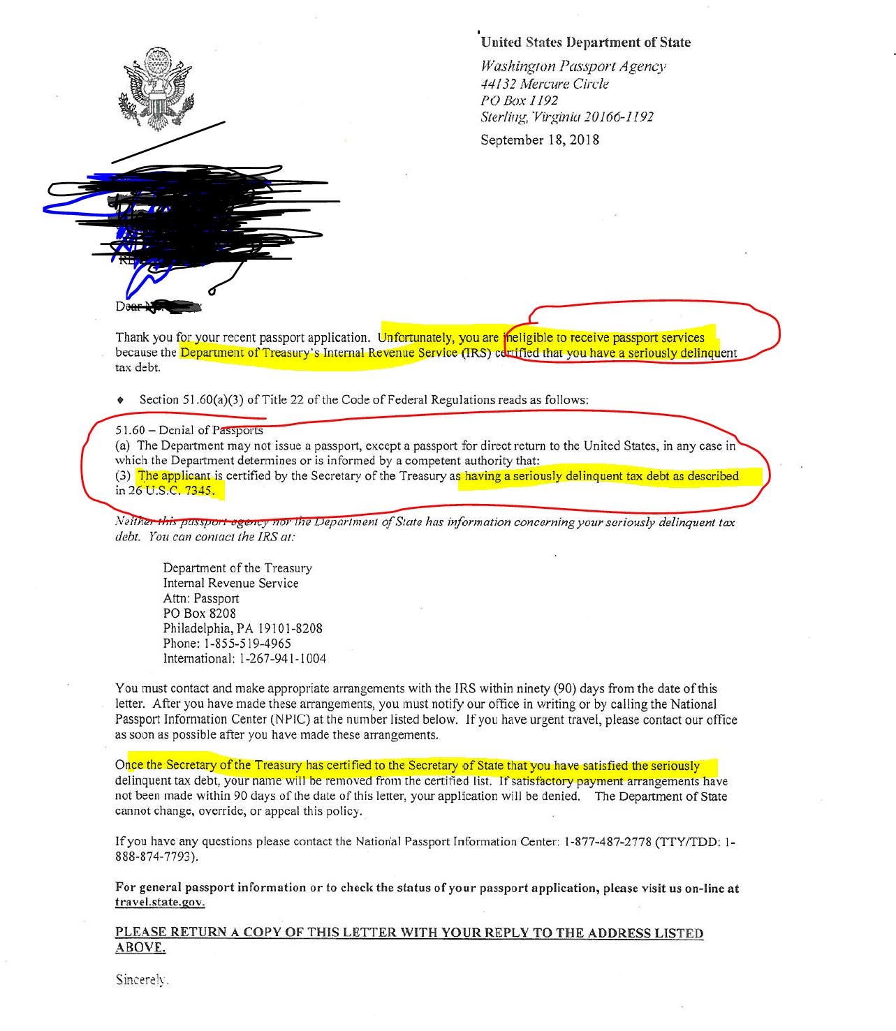 Sample letter from Department of State re Revocation of Passports - Seriosly Delinquent Tax Debt.PNG